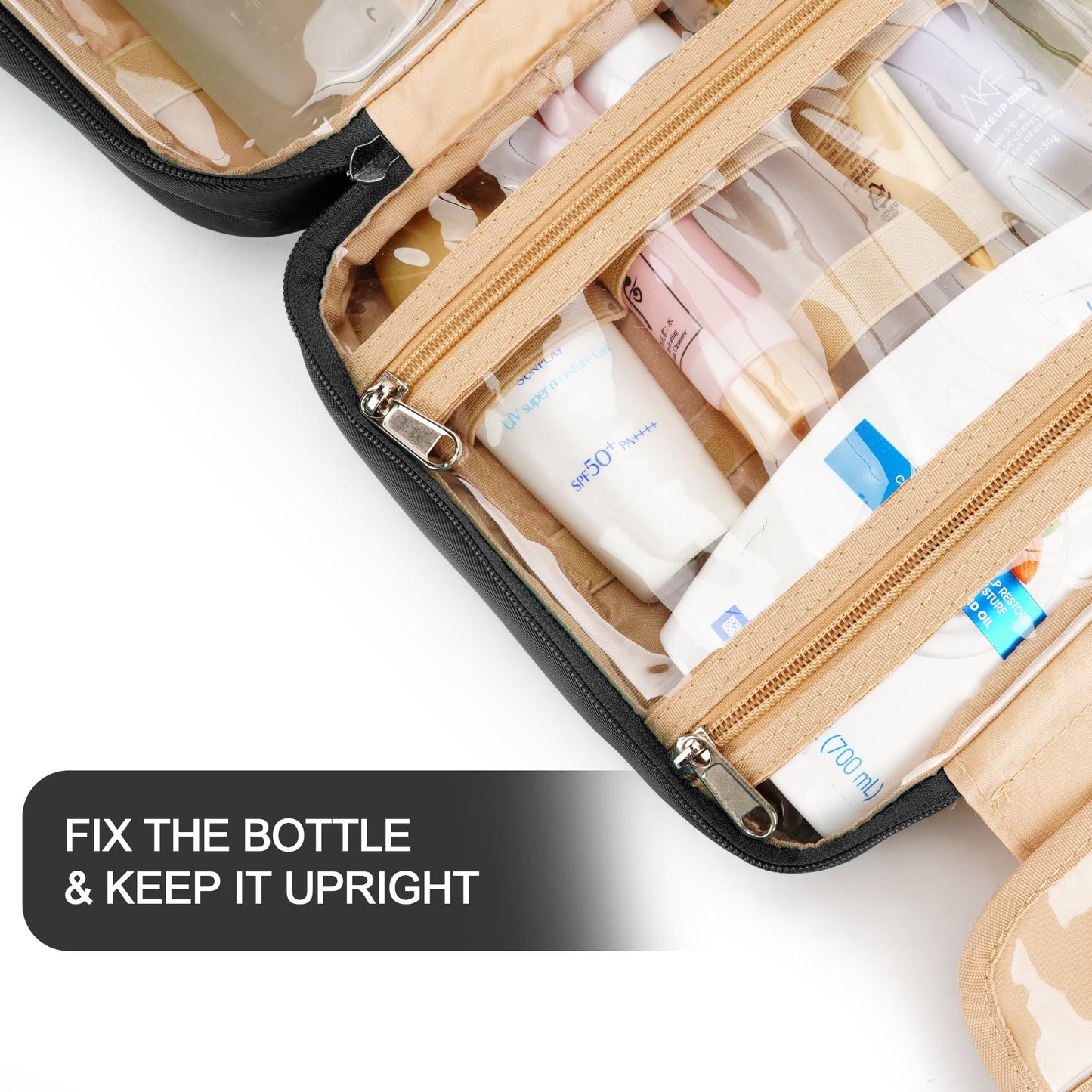 COOSKY Travel Hanging Toiletry Bag for Women, with Jewelry Organizer Compartment, Medium Waterproof Hanging Makeup Accessories, Cosmetic Essentials, Toiletries Dopp Kit Set with Trolley Belt, Black