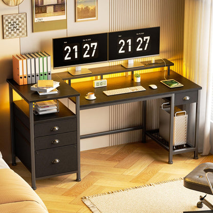 Furologee Black Computer Desk with 4 Drawers, 60" Long Office Desk with Fabric File Cabinet and Power Outlets, Gaming Desk with LED Lights, Study Writing Work Desk for Home Office