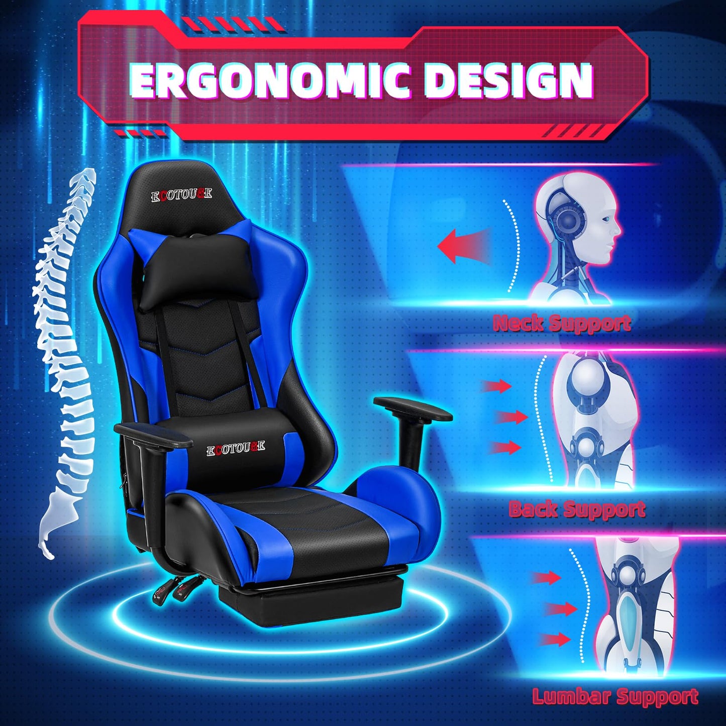 ECOTOUGE PC Massage Gaming Chair with Footrest Ergonomic Office Desk Chair Racing PU Leather Recliner Swivel Rocker with Headrest and Lumbar Pillow, Blue