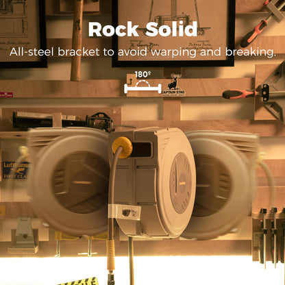 GLAHODEN Enclosed Retractable Air Hose Reel, 3/8 in x 50 Ft Hybrid Hose Air Compressor Hose Reel with 5 Ft Lead in Max 300 PSI Patented Design for Any Length Lock 180°Swivel Bracket Quick Coupler