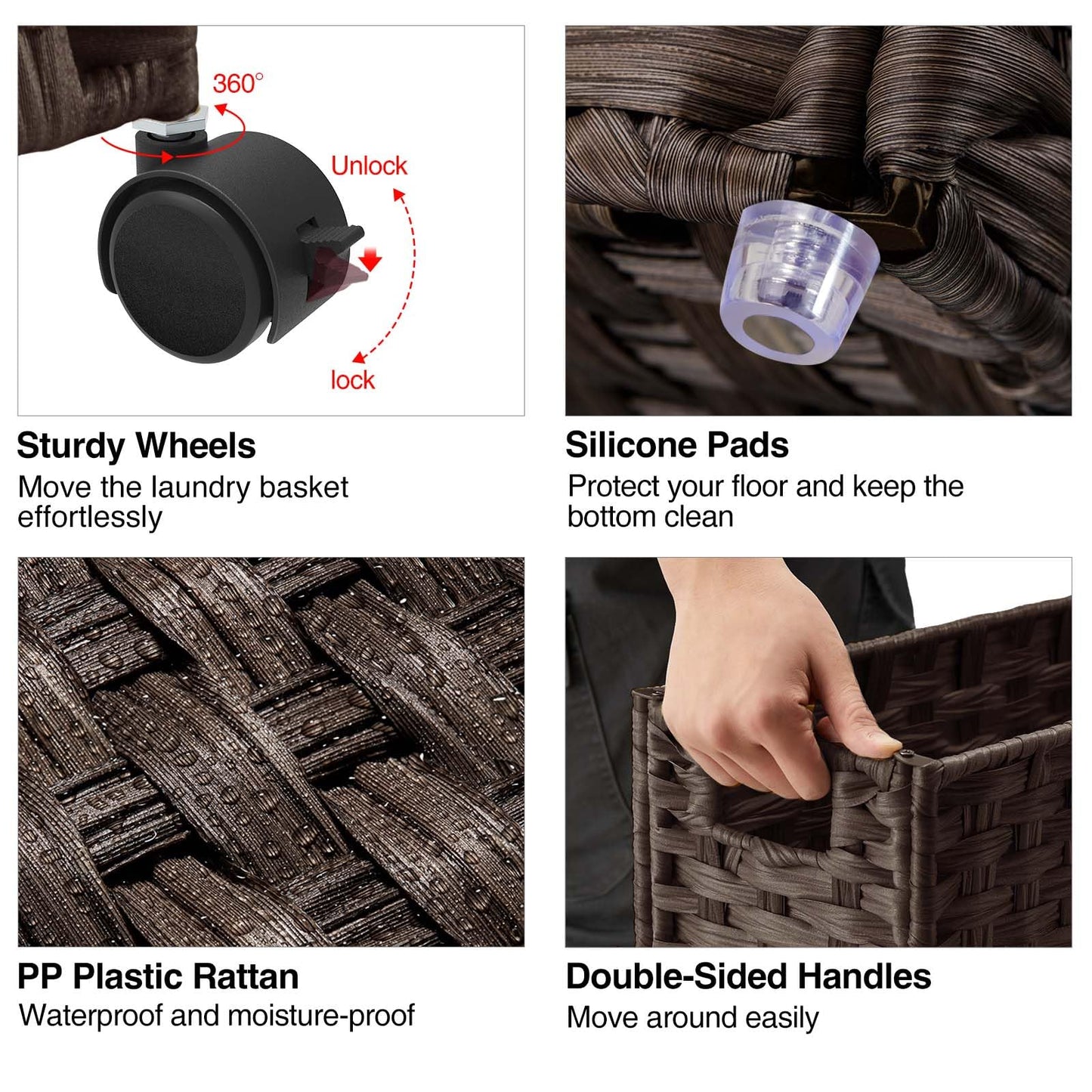 Greenstell Laundry Hamper with Wheels, 17.4 Gallon (66L) Slim Laundry Basket with 2 Removable Liner Bags & 2 Mesh Bags, Narrow Rattan Clothes Hamper for Bedroom, Laundry Room, Bathroom, Brown