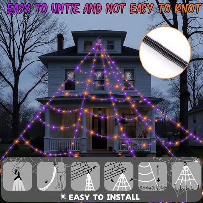 Halloween Decorations Outdoor Spider Web Lights - 550 LEDs Purple and Orange Remote Control Timer Plug in Giant Halloween Decor Cobwebs - 11 Modes Lighting Waterproof Yard Garden Party Decorations