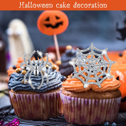 12 Pieces Spider Napkin Rings Halloween Napkin Ring Spider Web Napkins Rings Set Metal Spooky Napkins Holder Serviette Buckle Party Supplies for Halloween Dinning Costume(Silver,with Rhinestone)