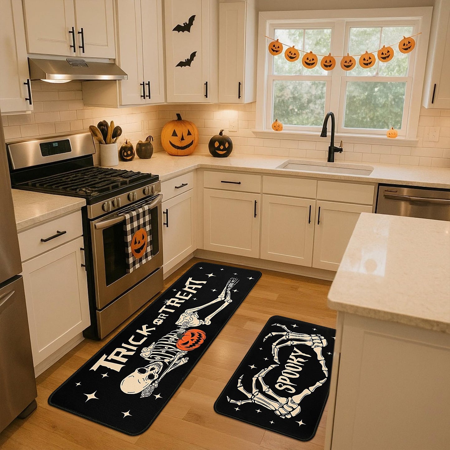 Ghroiep 2 Piece Halloween Kitchen Decor Rugs Set,Skeleton Kitchen Rugs and Mats Non Skid Washable Absorbent Kitchen Accessories Decoration Floor Mats 17"x47"+17"x30"