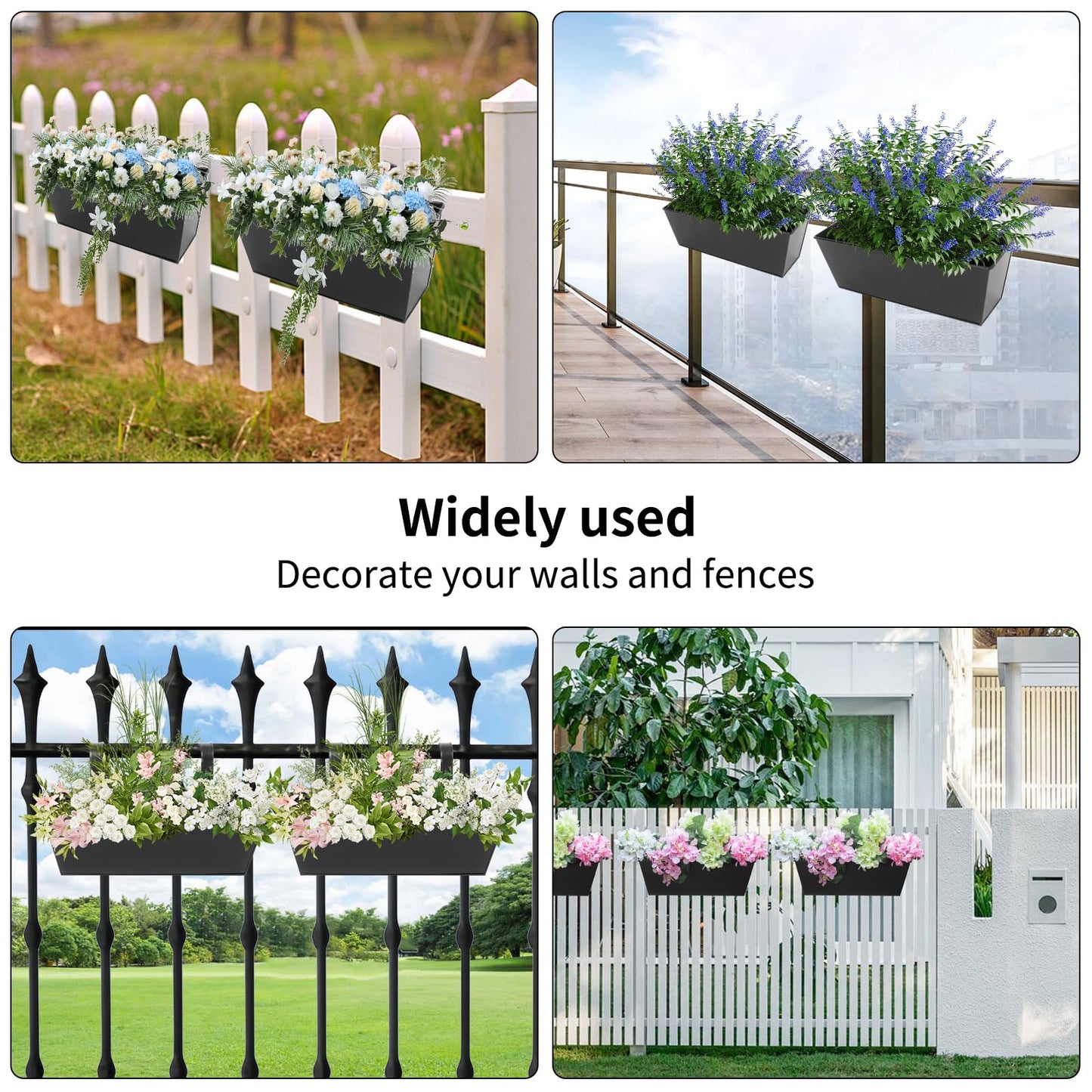 Holensun Railing Planters Outdoor Balcony 16 Inch Deck Over The Railing Planter Boxes Hanging Planters for Fence Flower 3 Pcs (Black)