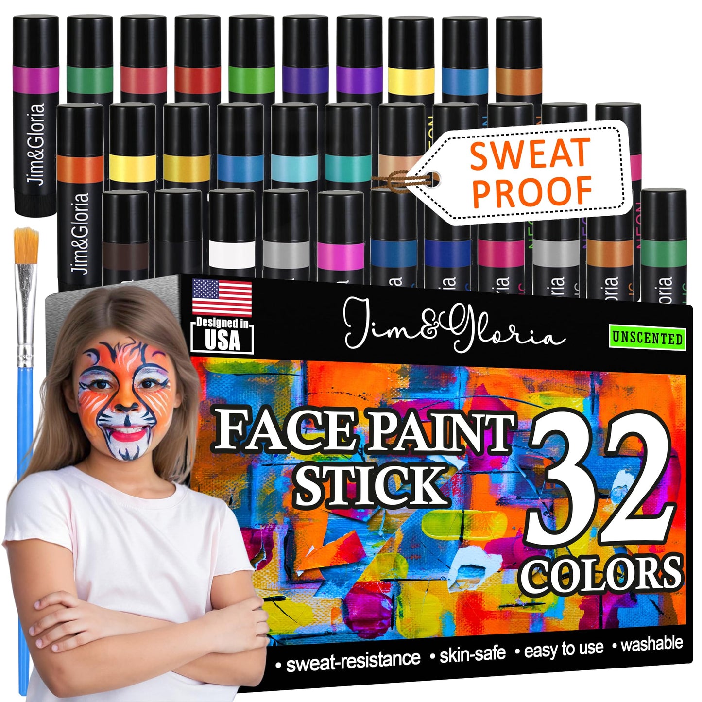 Jim&Gloria Water Based Face Paint Sticks Bulk 32 Professional Face Painting Kit for Kids Party, Metallic, Neon, Classic Facepaint Crayons, Washable Body Paint Adults Cosplay, Clown, Halloween Makeup