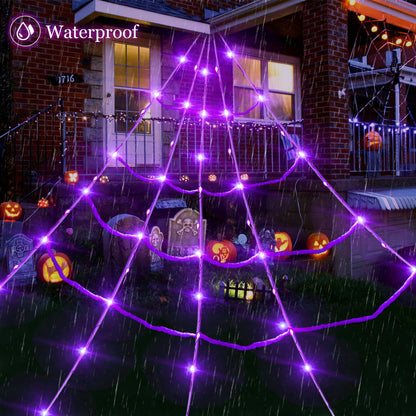 20*17FT Halloween Spider Web 150 Led Purple Lights Light Up Lighted Triangular Giant Battery Operated Waterproof with 200sqft Cobweb and 20 Small Spiders for Indoor and Outdoor Decor Yard Decoration