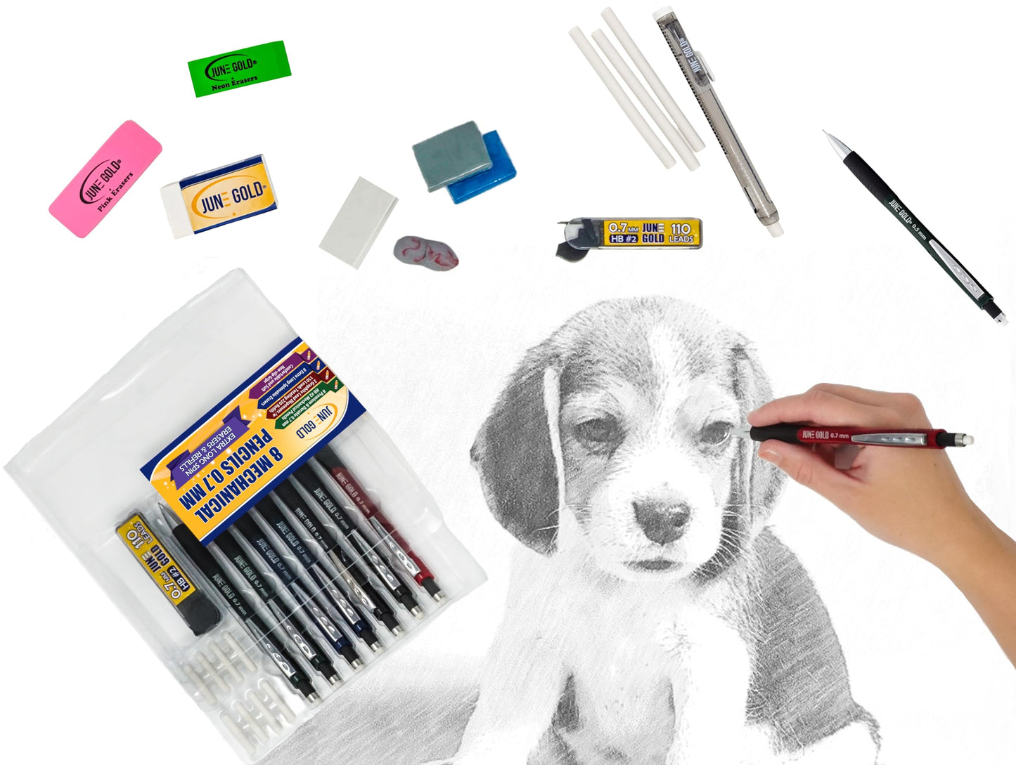 June Gold 8 Pack 0.7 mm HB #2 Mechanical Pencils, Extra Long Spin Eraser, 2 Lead Dispensers/w 220 Refills & 8 Refill Erasers, Break Resistant Lead, Soft Non-Slip Grip