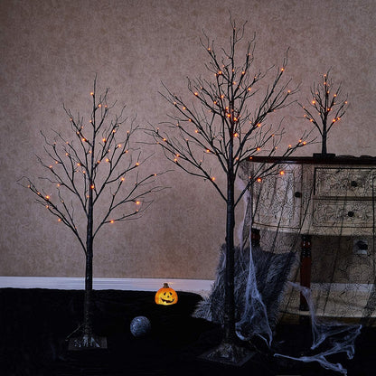 Hairui Lighted Tabletop Black Glittered Spooky Tree with Orange Lights 24 LED 18 Inches for Halloween Witch Decoration Battery Operated or USB Plug in Indoor Use