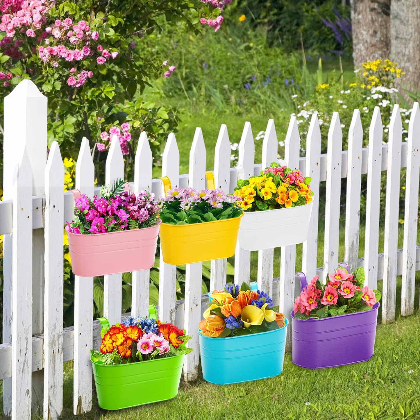 Foraineam 6 Pack Hanging Flower Pots, Metal Iron Plant Pot Holders, Garden Pots Balcony Planters, Metal Bucket Flower Holders Wall Hanging Decor Pot with Detachable Hooks for Railing Fence Balcony