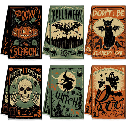 Ganeen 6 Pcs Halloween Kitchen Hand Towels Trick or Treat Towels Spooky Cat Bat Dish Holiday Tea Set Bathroom Decorative 14.2 x 21.3 Inch for Hand Bathroom Guest Holiday, Novel