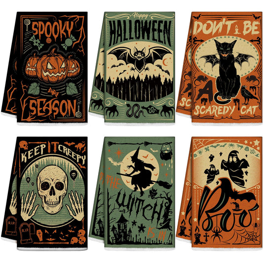 Ganeen 6 Pcs Halloween Kitchen Hand Towels Trick or Treat Towels Spooky Cat Bat Dish Holiday Tea Set Bathroom Decorative 14.2 x 21.3 Inch for Hand Bathroom Guest Holiday, Novel