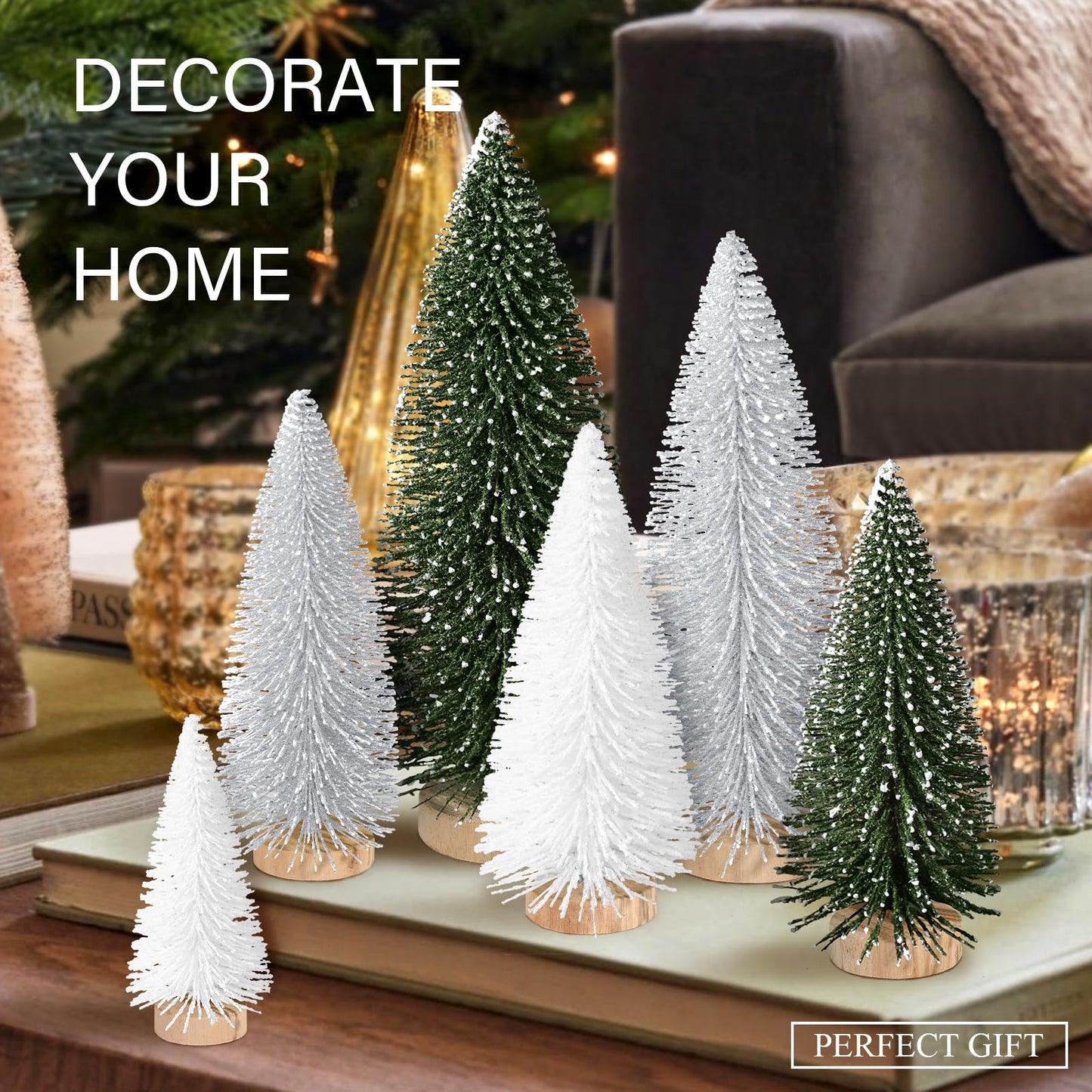 6pcs Mini Christmas Trees Decorations Small Bottle Brush Trees,Artificial Tabletop Christmas Tree for Indoor Outdoor Home Room Party Gift (Green, Silver, White)