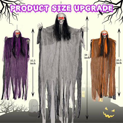 Halloween Decorations,3 Pack Halloween Hanging Skeleton Ghosts with Lighted Up Eyes,Scary Colourful Cloth Grim Reapers for Indoor,Outside Yard Lawn,Haunted House Prop,Party Supplies