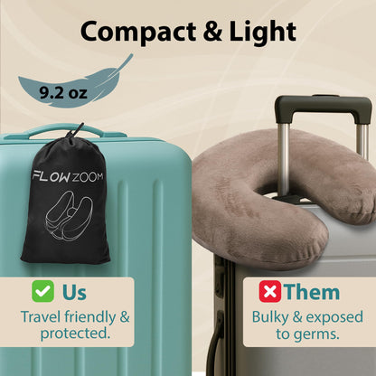 FLOWZOOM Air Inflatable Neck Pillow for Traveling on Plane - H-Shape Hooded Travel Pillow with 5 Snooze Modes, Fast Inflation, Pressure Control, Cozy Clip-On Hood & Plushy Cover - Size L, Silver Gray