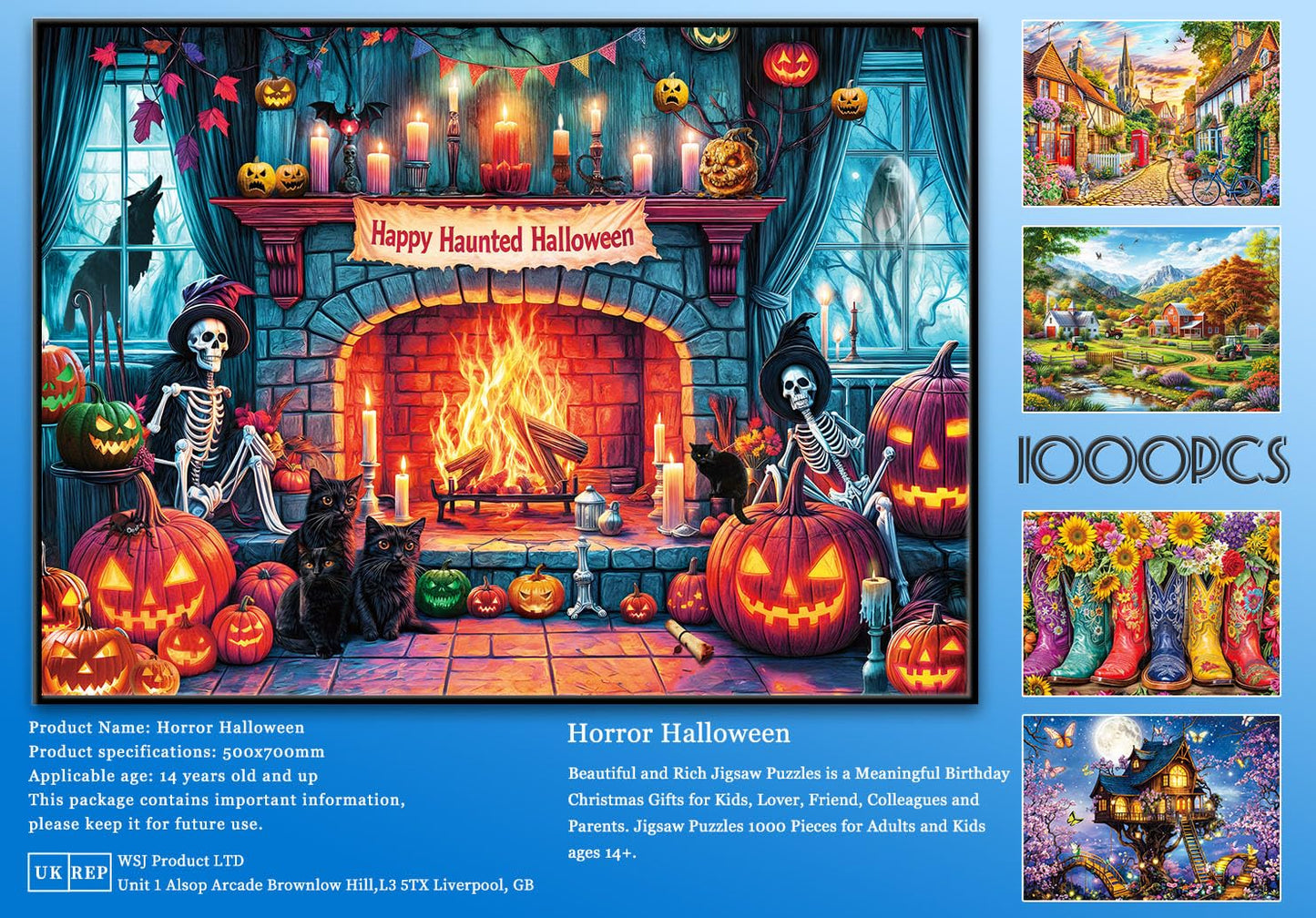 Halloween Night 1000 Piece Puzzle -Retro Horror Art- 1000 Pieces Jigsaw Puzzles for Kids and Adults - 1000 Piece Haunted Mansion Jigsaw Puzzle(27.6"x 19.7")