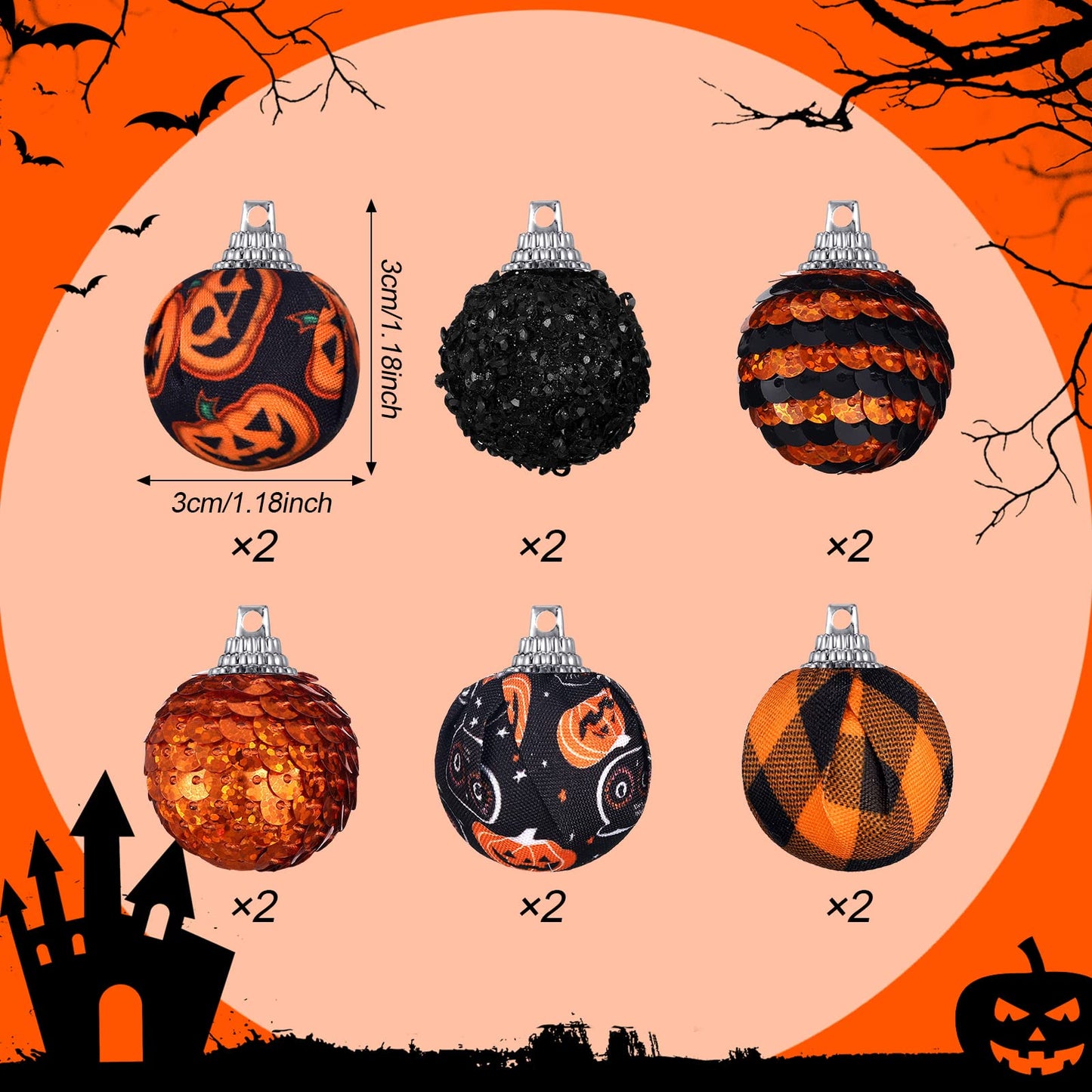 Lenwen 24 Pcs Halloween Tree Ball Ornaments 1.18 Inch Halloween Tree Decorations Glitter Black Orange Sequin Balls for Christmas Party Decor