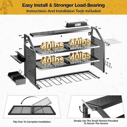 LBT 4 Layer Power Tool Organizer Wall Mount With Charging Station, Patented, 6 Outlet Power Strip, 6 Drill Holder, Heavy Duty Metal Garage Tool Storage Rack, Gifts For Men Fathers Day