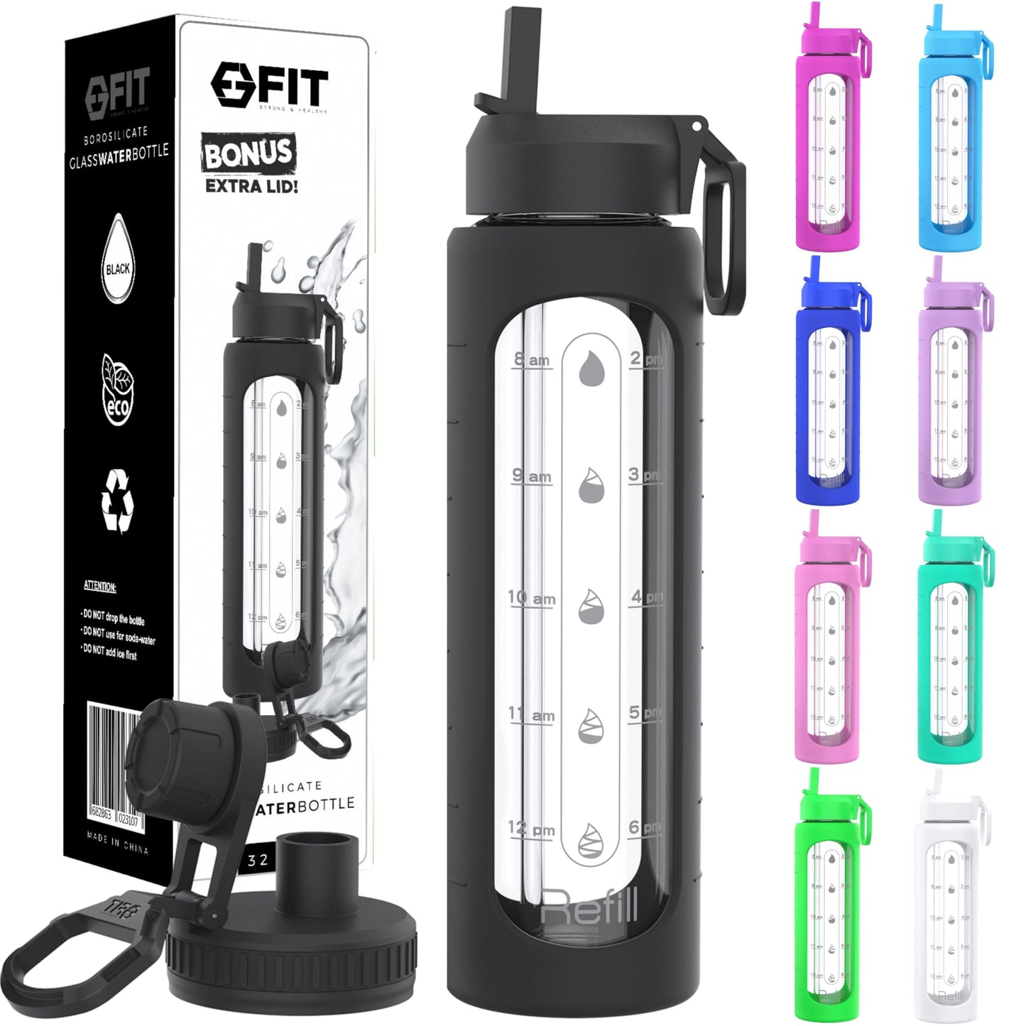 FIT Strong & Healthy 32 oz Glass Water Bottle with Time Marker & Silicone Sleeve - w/Handle & 2 Leakproof Lids Straw & Spout Lid, Wide Mouth, BPA Free 1 Liter Motivational Drinking Bottle, Black