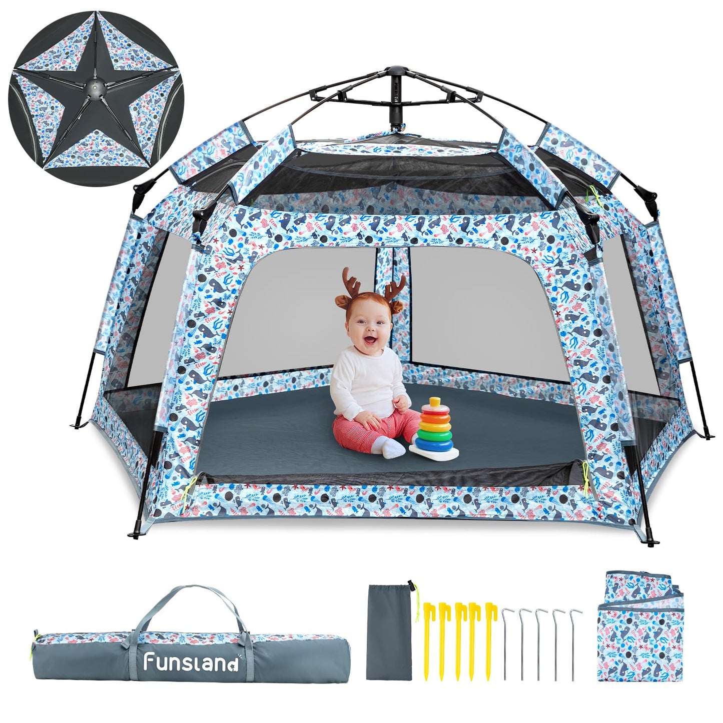 Funsland Baby Playpen Pop-up Tent - Outdoor & Indoor Play Tent for Beach with Canopy Travel Bag Portable Play Yard for Babies & Toddlers (Ocean)