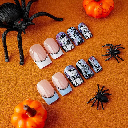 Halloween Press on Nails Medium Square Fake Nails with Spider Web Design Acrylic Nails Nightmare Before Christmas Nails Scary Stick on Nails Holiday French Tip Artificial Nails for Women 24Pcs