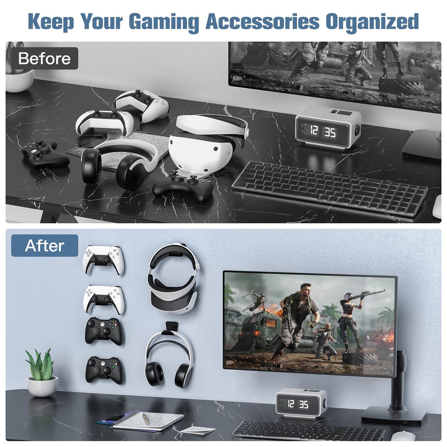 KUNSLUCK 6 Pack Controller Wall Mount – Universal Game Controller Holder for PS5, Xbox, Switch – Adhesive or Screw Installation – Headset & Controller Storage Hook (Black)