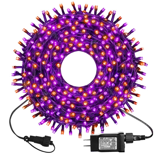 kemooie 300 LED Orange&Purple Halloween Lights, 99FT Connectable 8 Lighting Modes with Memory Function Plug in, Waterproof for Outdoor Indoor Halloween Garden Roof Decorations (Purple and Orange)