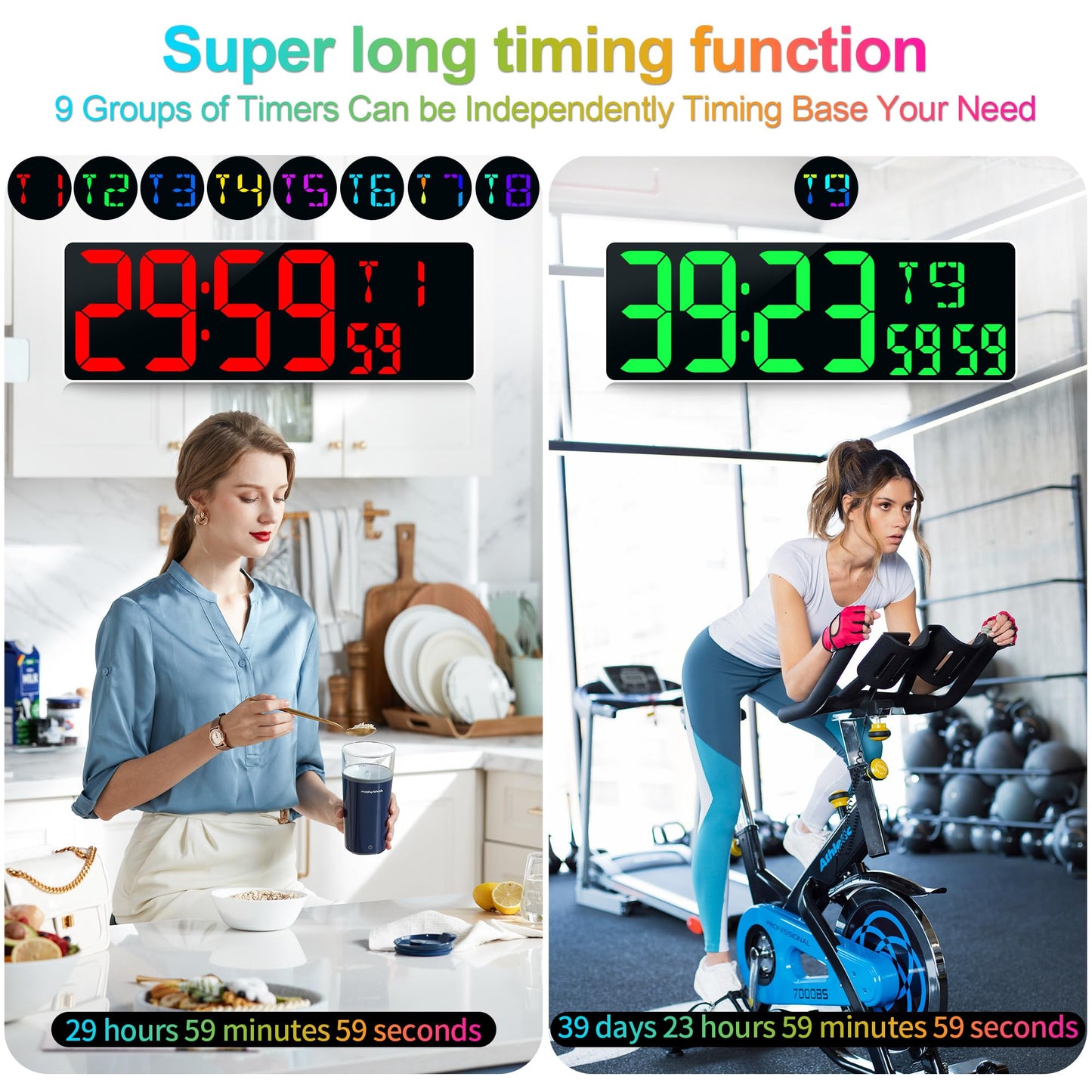 Large Digital Wall Clock Large Display 17.2" Big Digital Timer with 9 Groups Timer Remote Control for Gym Classroom 10 Colors Available for LED Wall Clock with Temperature Date Week DST Dynamic RGB