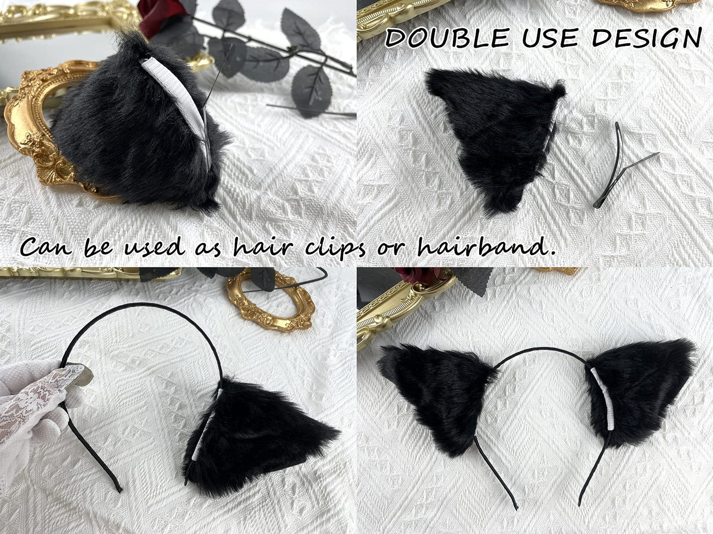 Faux Fur Cat Ears Hair Clip Furry Wolf Fox Long Tail Costume Halloween Party Neck Chocker Cosplay Set (Black)
