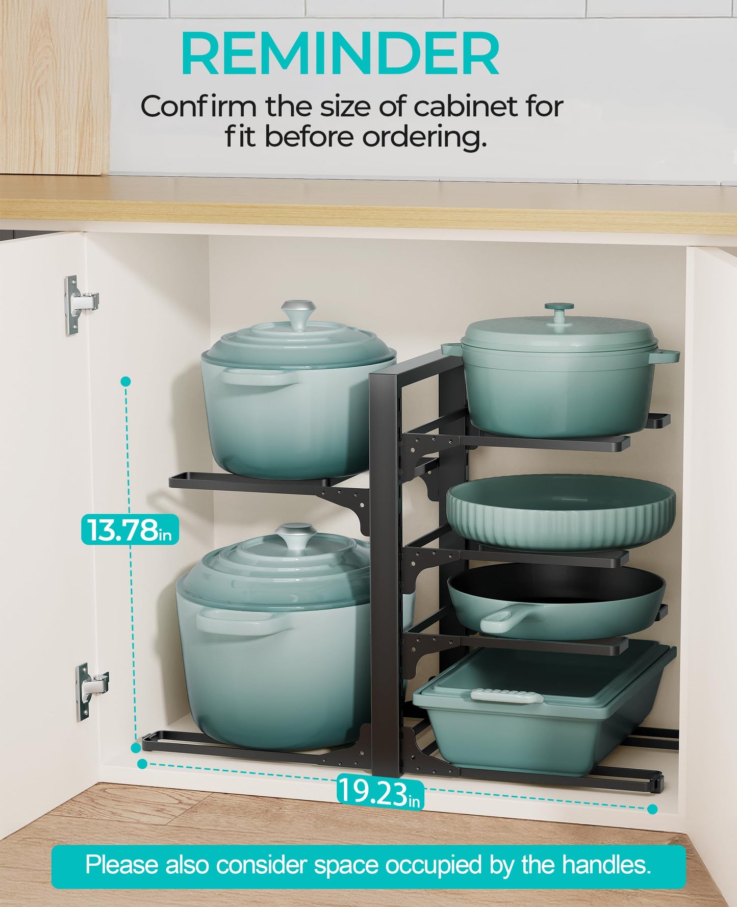 ORDORA Pots and Pans Organizer for Cabinet 16.61'' Height, 8 Tier Pot Organizers Rack with 3 DIY Methods, Adjustable Pan Organizer under Cabinet Kitchen Organization and Storage