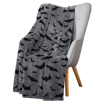 Halloween Throw Blanket : Black Bats on Gray Velvet Soft Fleece Overized Large 70" x 50" for Sofa Bed Couch Chair Dorm