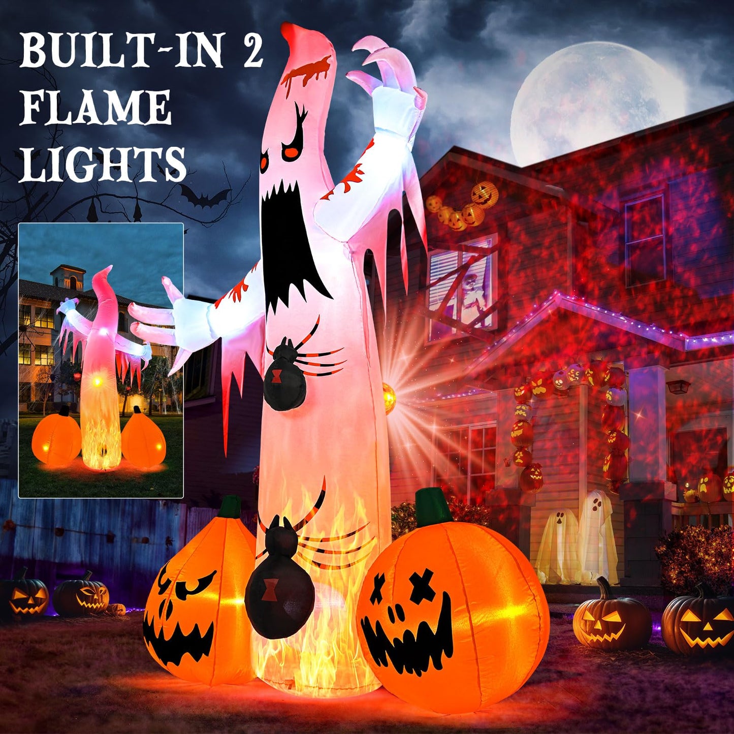 Kesfitt 8FT Halloween Inflatables Decorations Outdoor Ghost Built-in 2 Flame Flashing Projection Light,Blow Up Yard Inflatables with Pumpkin Spider for Outside Halloween Patio Party Garden Decorations