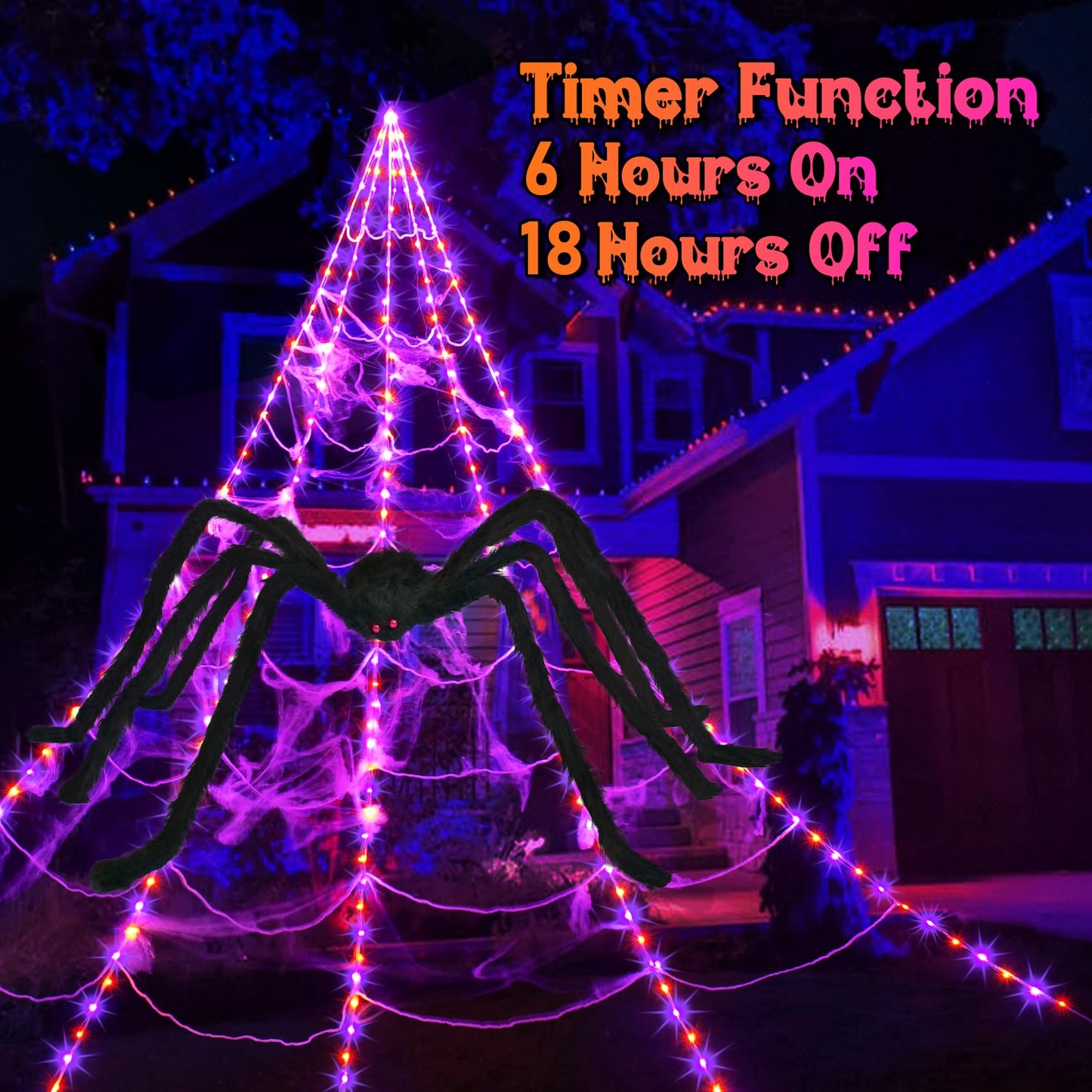Halloween Spider Web Lights Decoration 250 LED Light up Spider Webs Halloween Decorations Outdoor with 59" Large Spider & 3.53 oz Stretch Cobweb 16.4 Ft Giant Web with 8 Modes (Purple & Orange)