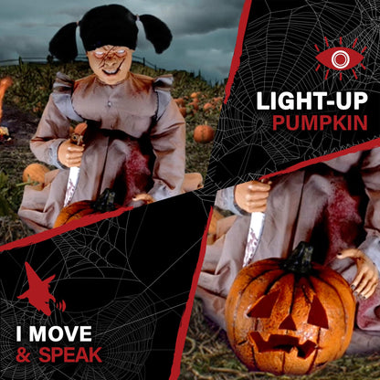 Haunted Hill Farm Lunging Pumpkin Carver Zombie Girl by Tekky, Motion-Activated Talking Halloween Animatronic for Indoor or Covered Outdoor Creepy Halloween Decorations, Plug-in or Battery Operated