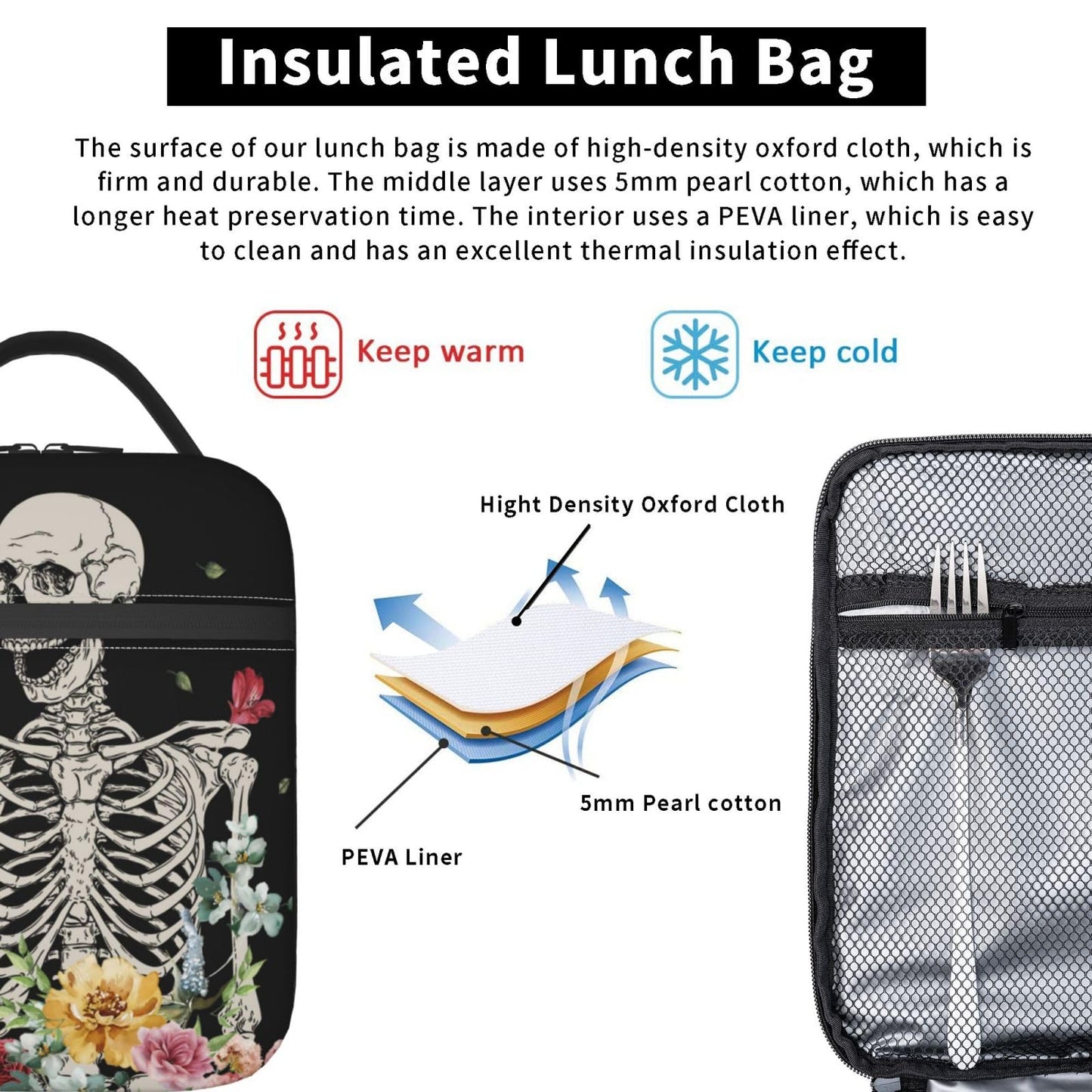 Gianlaima Skull Funny Skeleton Gothic Hippie Halloween Terror Rock Roll Flower Insulated Lunch Box For Women Man, Portable Lunch Bag Reusable Cooler Tote For Office Work Travel Picnic Camping Beach
