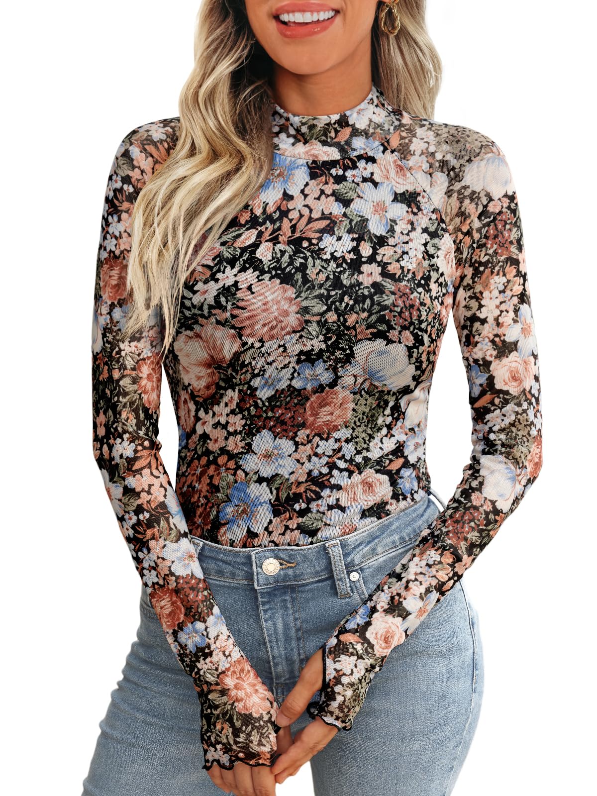 Dealmore Lace Sheer Long Sleeve Floral Mesh Mockneck Trendy Cute Going Out Tops for Women Fall Fashion Outfits 2025 Clothes Floral Fierce XS