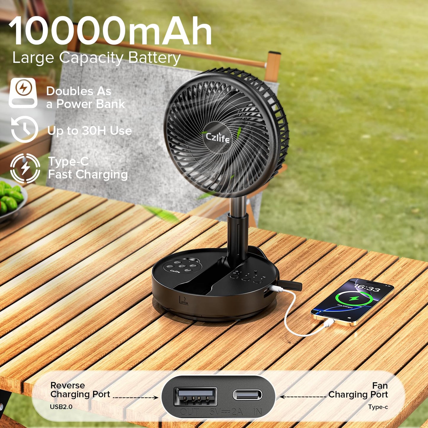 Czlife F9 Portable Fan, 10000mAh Rechargeable Battery Powered for Travel Sleeping Camping Bedroom Outdoor, Cordless Floor Desk Fan, Oscillating Folding USB Fan with Remote, 4 Speed, Timer, 7.7"