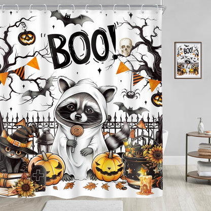 Riyidecor Funny Raccoon Halloween Shower Curtain Cute Pumpkin Sunflower Ghost Spooky Bat Black Cat Animal Leaves 60Wx72H Inch Tree Fence Cool Fabric Decor Bathroom Polyester Waterproof 12 Pack Hooks