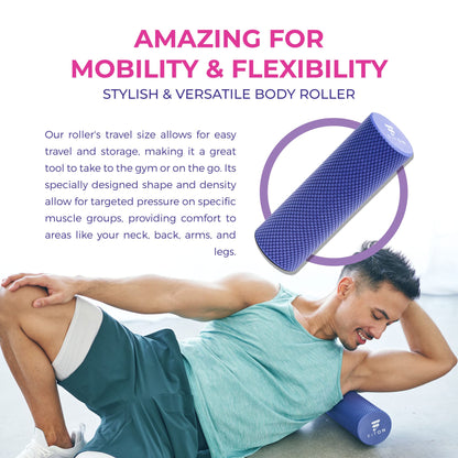 FitOn Recovery Foam Roller - High Density Travel Foam Roller for Muscle Massage and Deep Tissue Relief - Compact and Portable for Exercise, Travel, and Fitness - 12"x4", Purple
