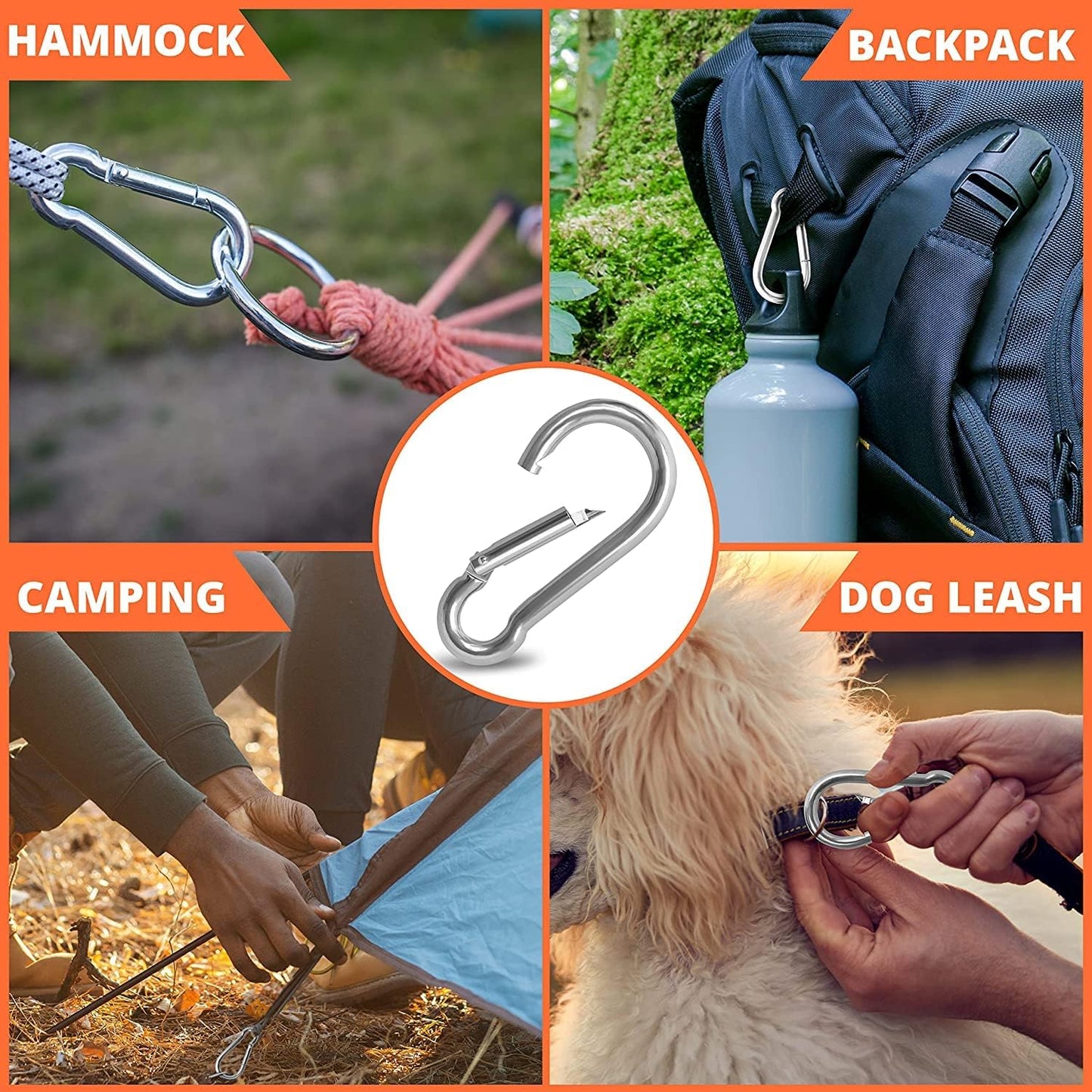 GRANDBUY 4 Inch Large Spring Snap Hook Carabiner, 304 Stainless Steel Heavy Duty Carabiners Clip, Stainless Steel Spring Snaps Hooks Carabiners Outdoor (4 inch,2 Pack)