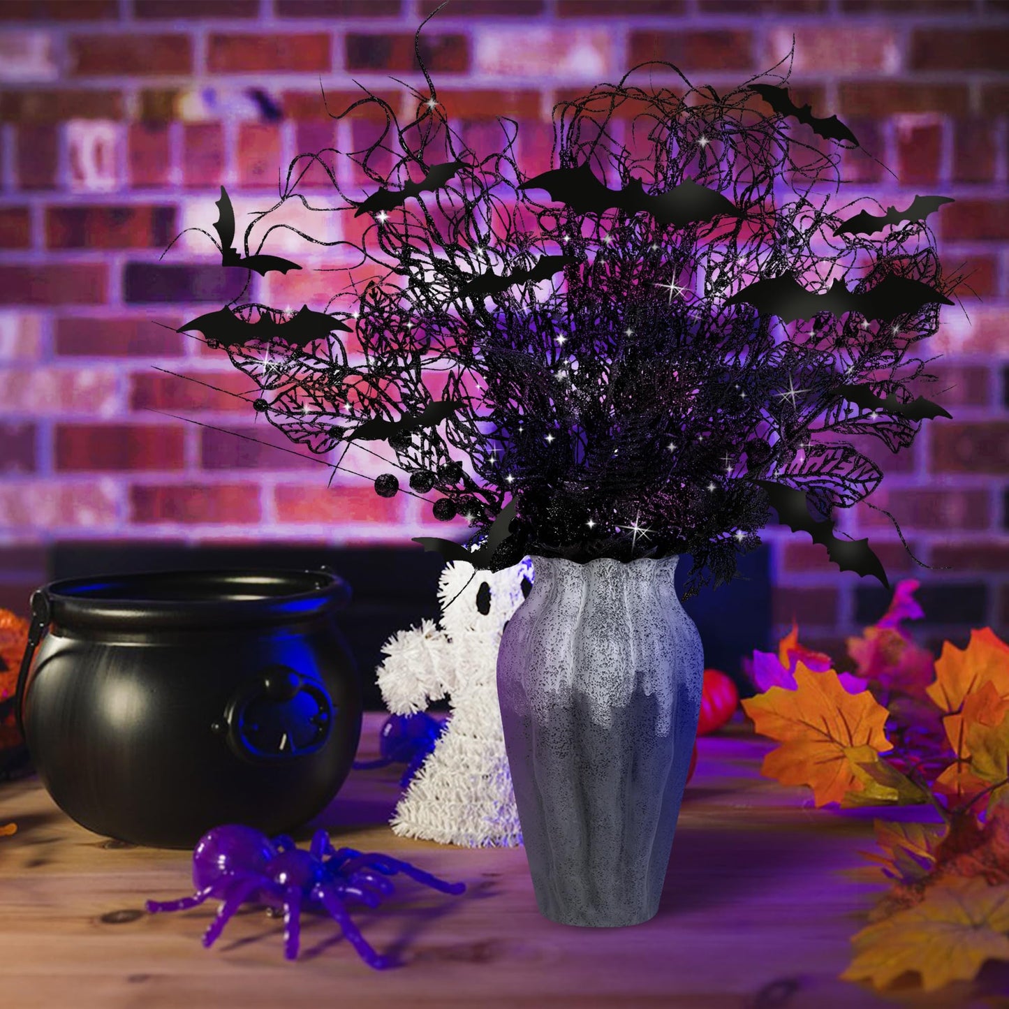 24 Pcs Artificial Halloween Branches Picks Ornaments with 12 Pcs Bats- Fake Black Berry & Flowers Stems Curly Willow Branches- Faux Glitter Black Floral Twig Stems Sticks for Halloween Xmas Home Decor