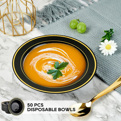 JOLLY PARTY 50PCS Black Plastic Bowls with Gold Rim-12oz, Christmas Thanksgiving Premium Disposable Soup Dessert Salad Bowls for Wedding/Party/Halloween
