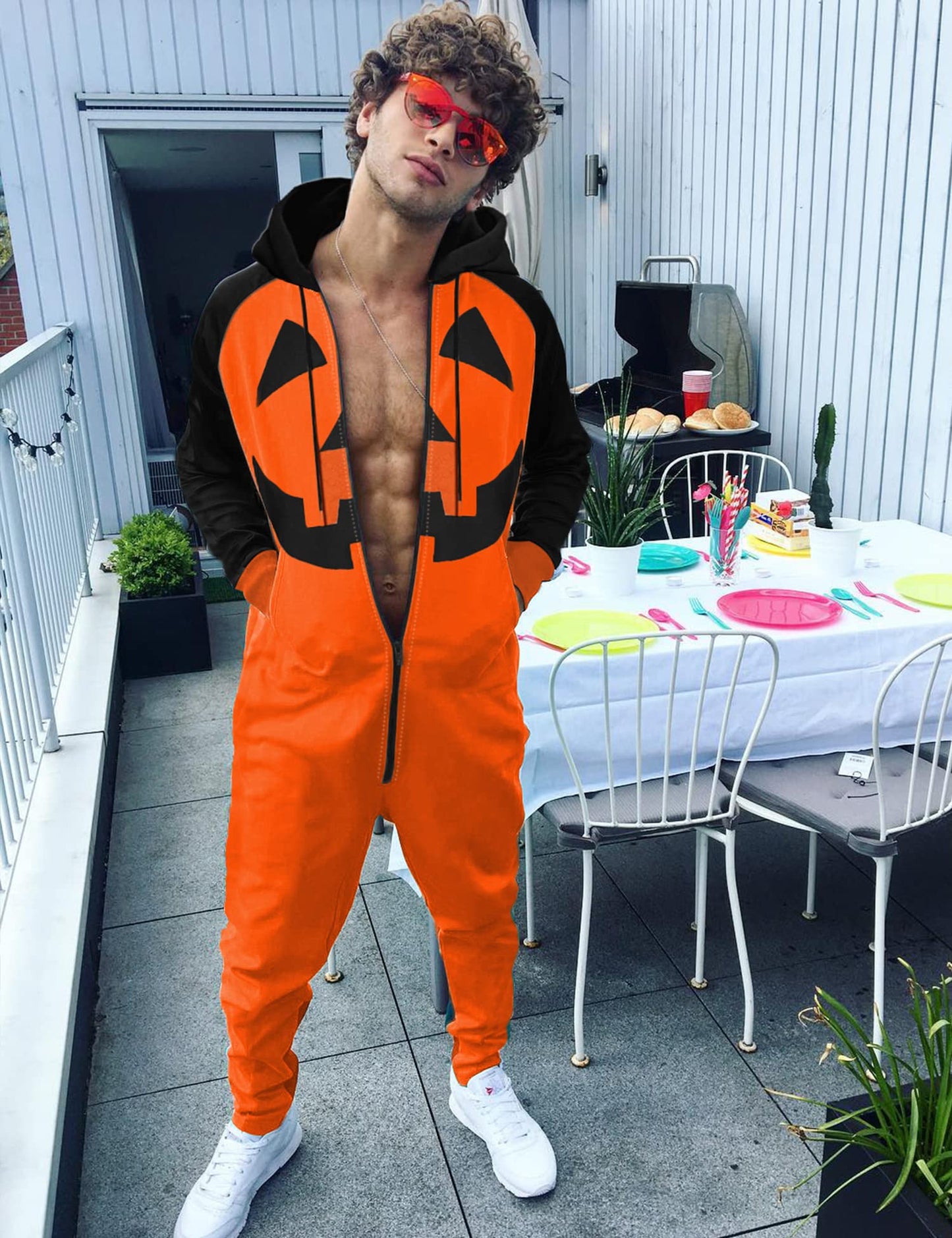 COOFANDY Pumpkin Jumpsuits Halloween Onesie Hooded Romper (Orange Pumpkin XXL)