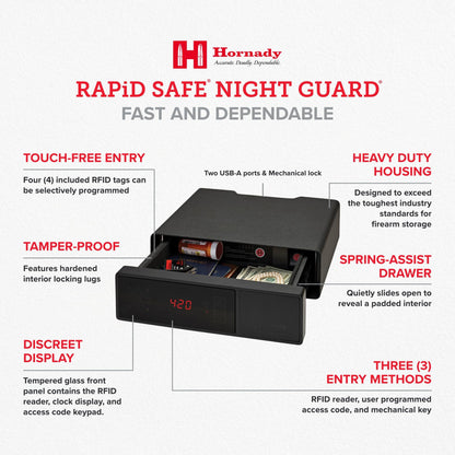 Hornady Rapid Safe Night Guard – Nightstand Gun Safe with RFID Reader, Clock, USB Ports – RFID Safe for Fast, Multiple Method Entry – Includes Rapid Safe, 3 Methods of Entry and Security Cable
