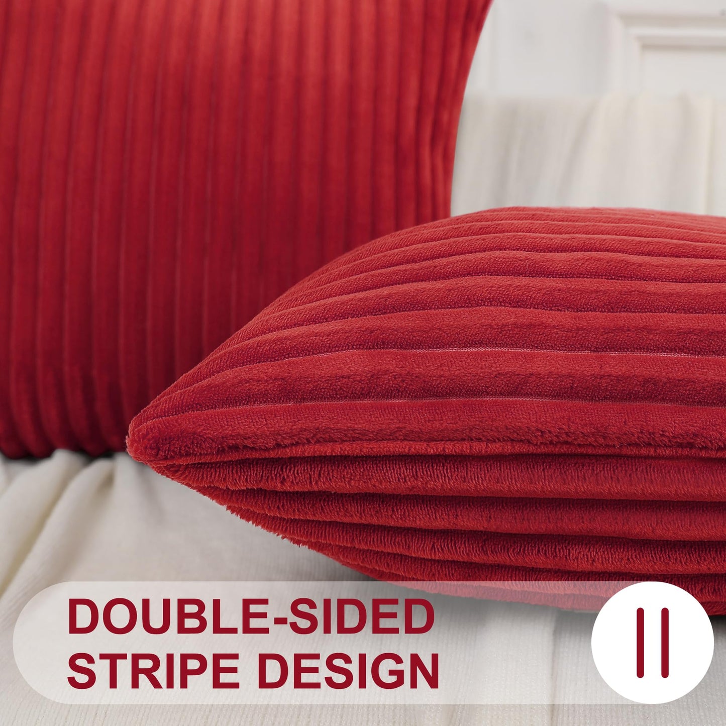 Simmore Decorative Christmas Throw Pillow Covers 18x18 Set of 2, Soft Natural Plush Flannel Double-Sided Fluffy Couch Pillow Covers for Sofa Living Room, Red