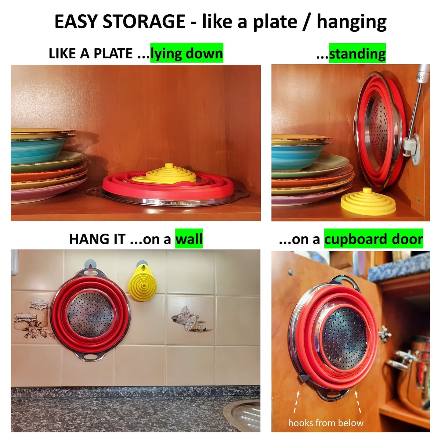 Collapsible Colander and Funnel - Stainless Steel Meets Red Silicone. RV Accessories for Inside, Camper Organization and Storage Idea, Motorhome, Camp or Travel Trailer, 5th Wheel, Boat, Small Kitchen