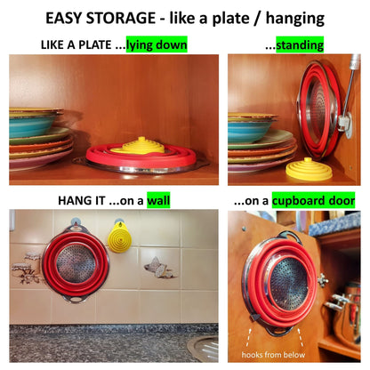 Collapsible Colander and Funnel - Stainless Steel Meets Red Silicone. RV Accessories for Inside, Camper Organization and Storage Idea, Motorhome, Camp or Travel Trailer, 5th Wheel, Boat, Small Kitchen