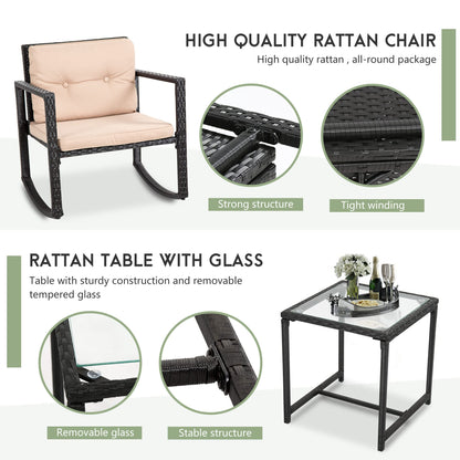 FDW Wicker Patio Furniture Outdoor Bistro Set, Rocking Chair, 3 Piece, Rattan Conversation Set for Backyard Porch Poolside Lawn with Coffee Table,Black