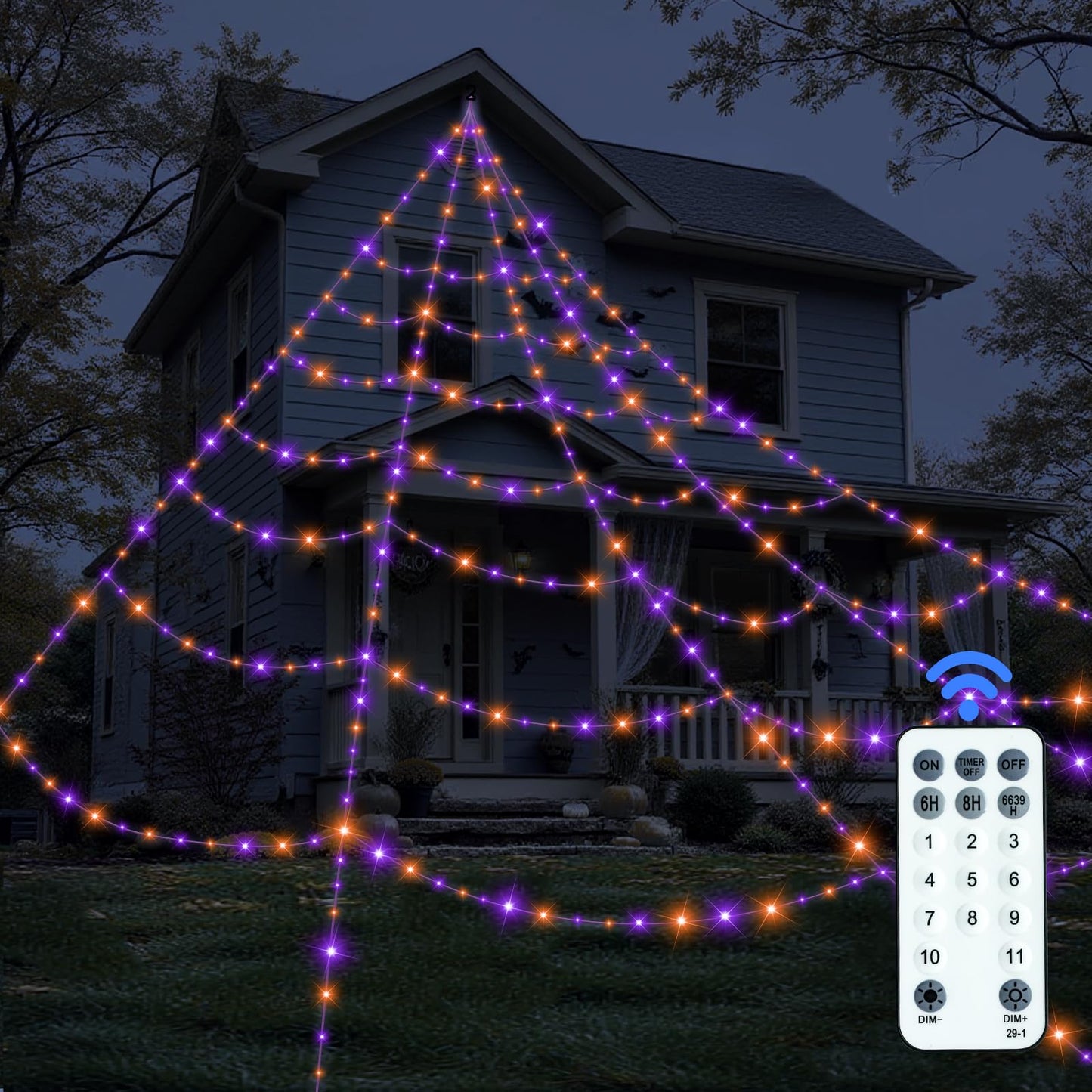 Halloween Decorations Outdoor Spider Web Lights - 550 LEDs Purple and Orange Remote Control Timer Plug in Giant Halloween Decor Cobwebs - 11 Modes Lighting Waterproof Yard Garden Party Decorations