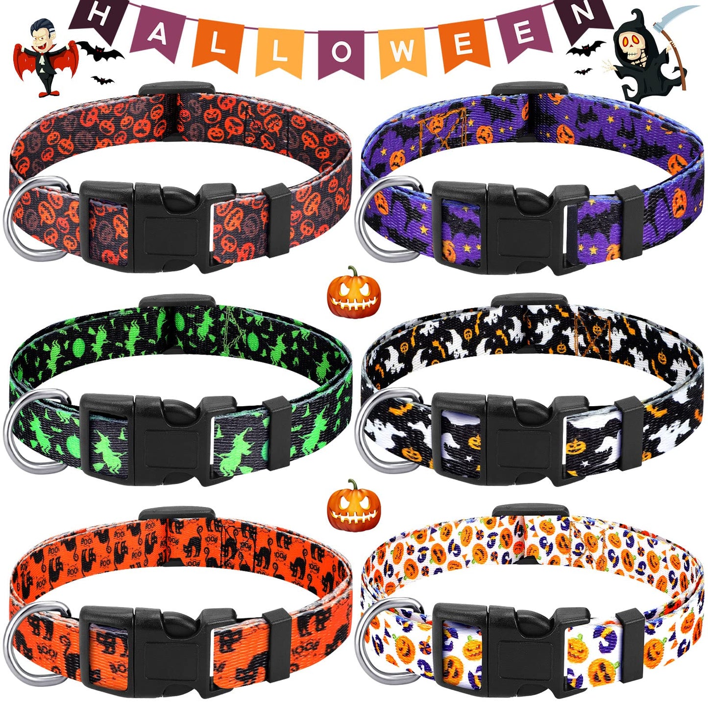 6 Pcs Halloween Dog Collars for Pumpkin Basic Adjustable Lightweight Holiday Comfortable Dog Collars with Plastic Buckle for Puppy Small Medium Large Pets(Medium)
